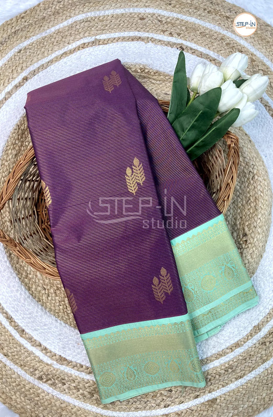 Purple Semi Kanchi Silk Saree With Mint Green Contrast Zari Border
