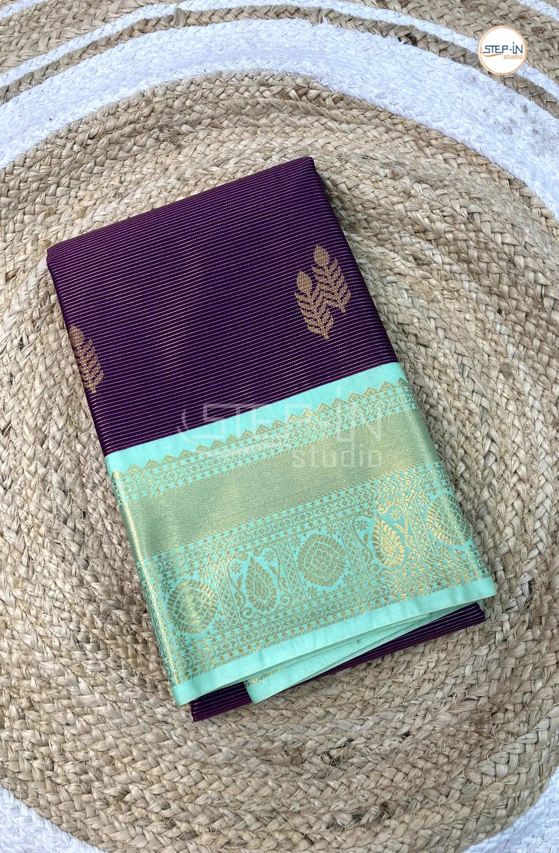 Purple Semi Kanchi Silk Saree With Mint Green Contrast Zari Border