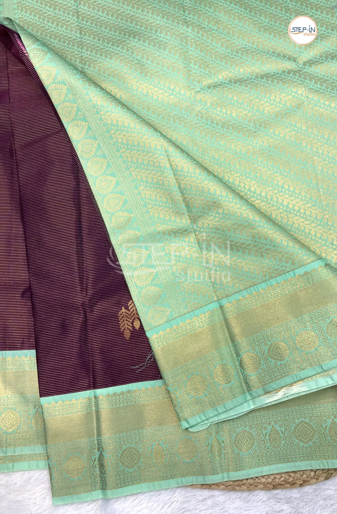 Purple Semi Kanchi Silk Saree With Mint Green Contrast Zari Border