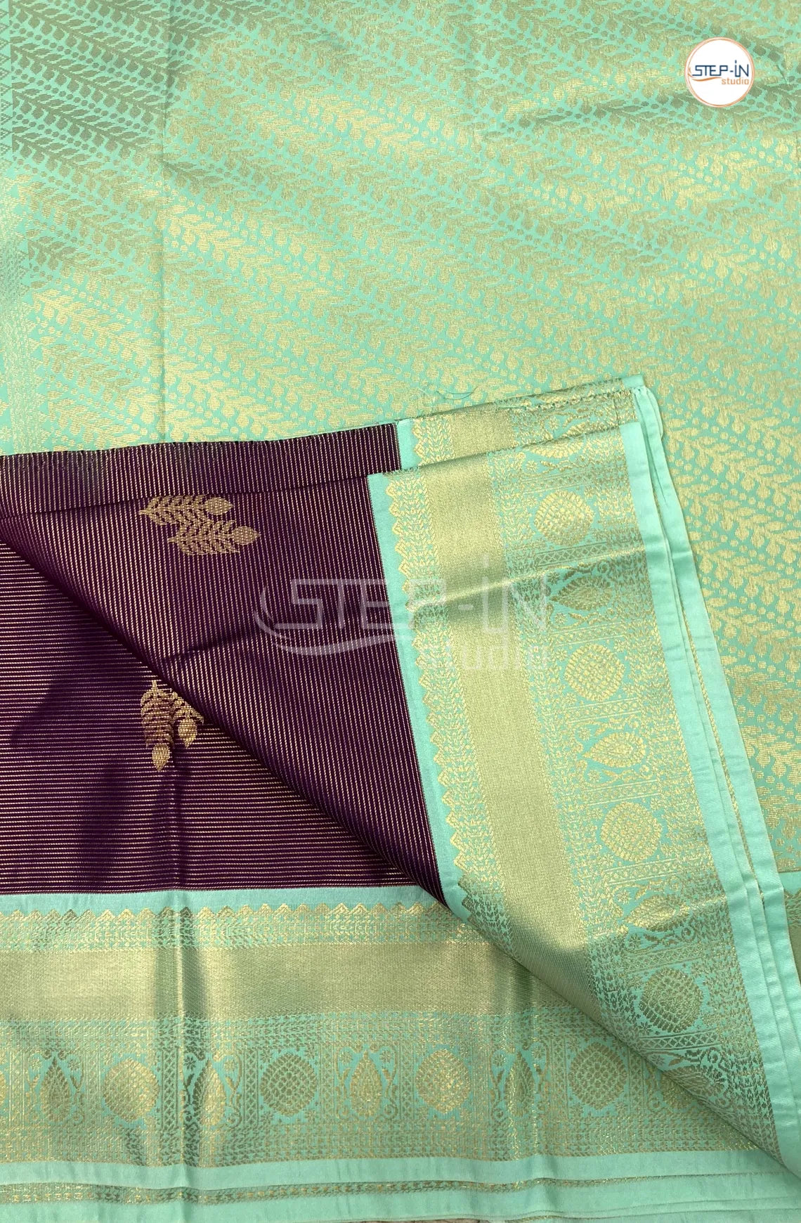 Purple Semi Kanchi Silk Saree With Mint Green Contrast Zari Border