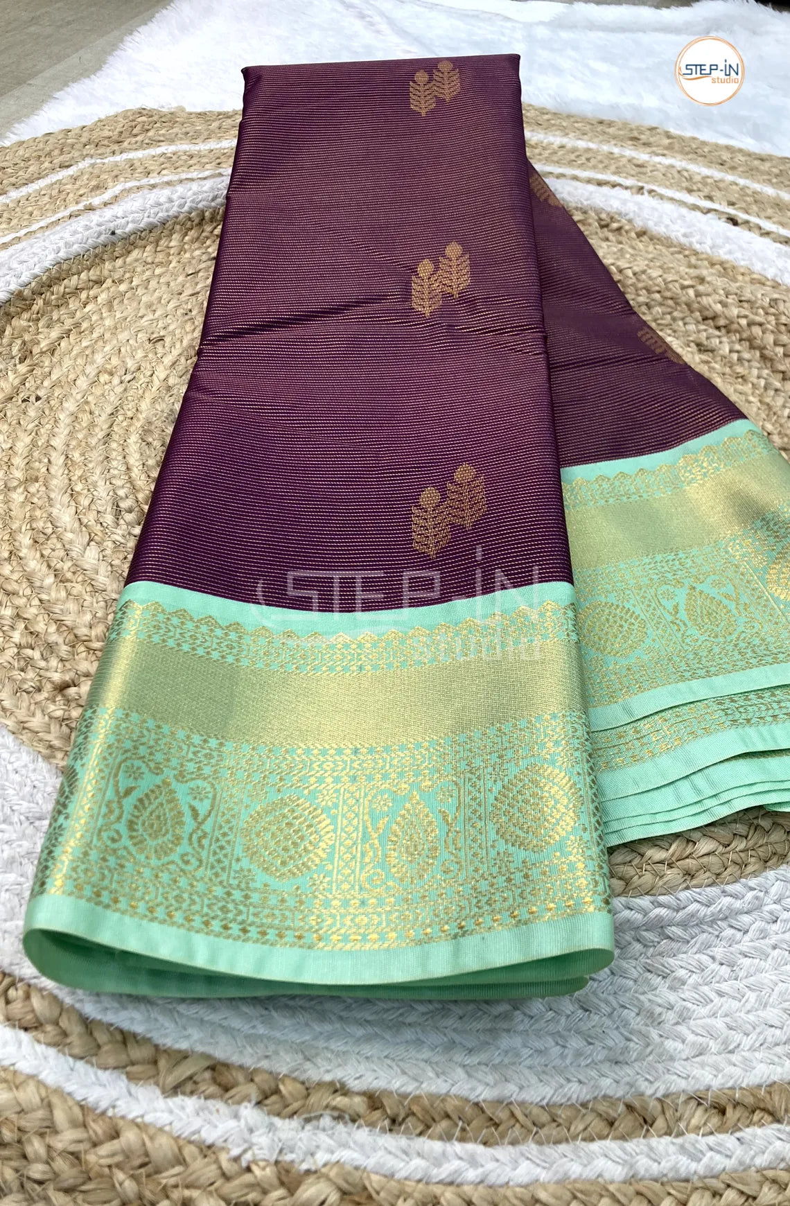 Purple Semi Kanchi Silk Saree With Mint Green Contrast Zari Border