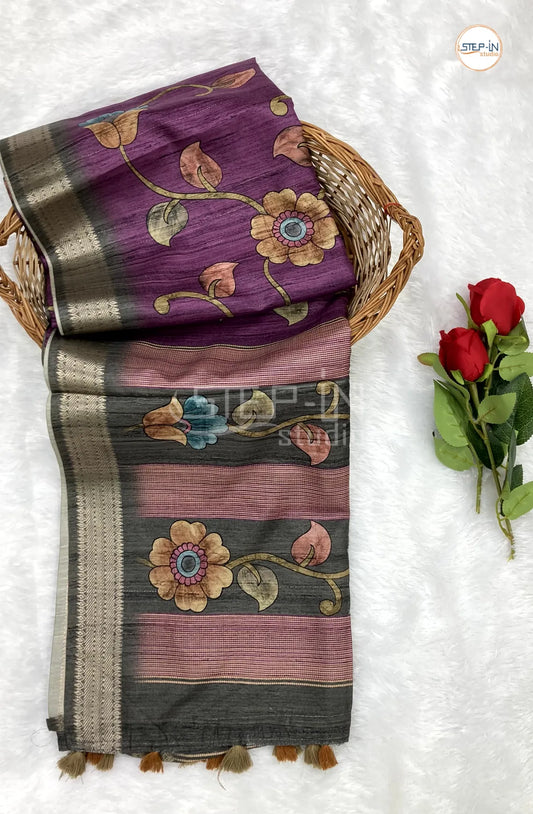 Purple & Grey Kalamkari Print Tussar Saree With Flower Print Contrast Pallu & Silver Zari Border and Contrast Blouse