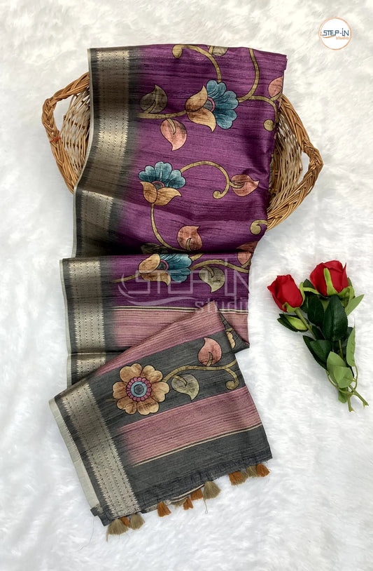 Purple & Grey Kalamkari Print Tussar Saree With Flower Print Contrast Pallu & Zari Border and Contrast Blouse