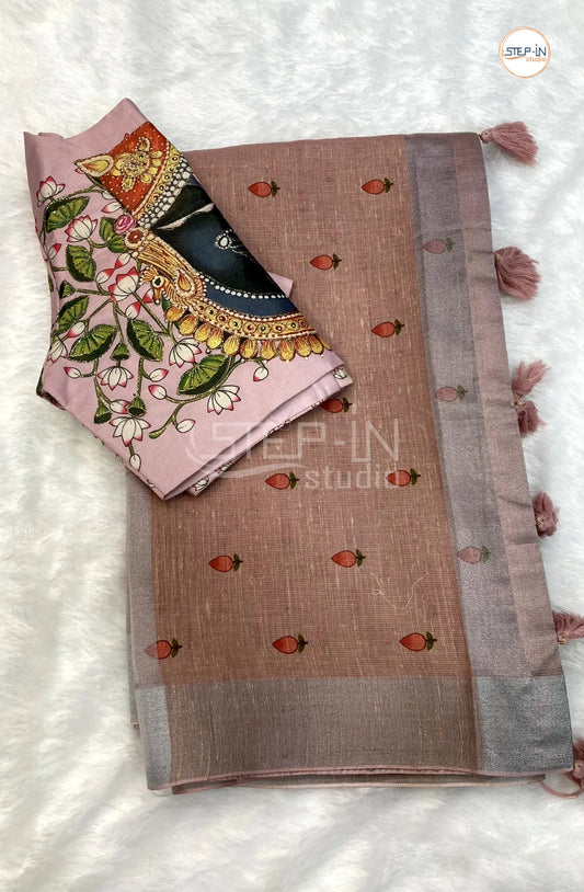 Quartz Rose Kota Flower Printed Saree With Photograpy Pallu and Silver Zari Border & Printed jamki Work Readymade Blouse