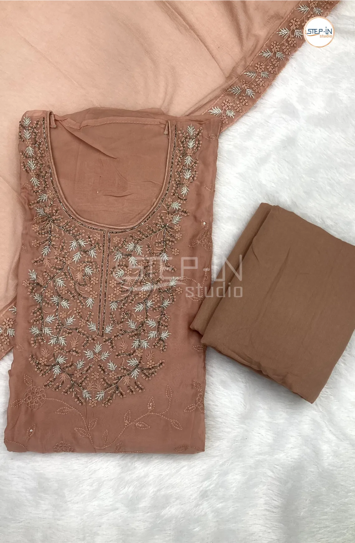Quartz Pink Georgette Neck Stone Work Unstitched Dress Material