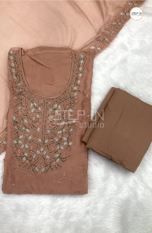 Quartz Pink Georgette Neck Stone Work Unstitched Dress Material