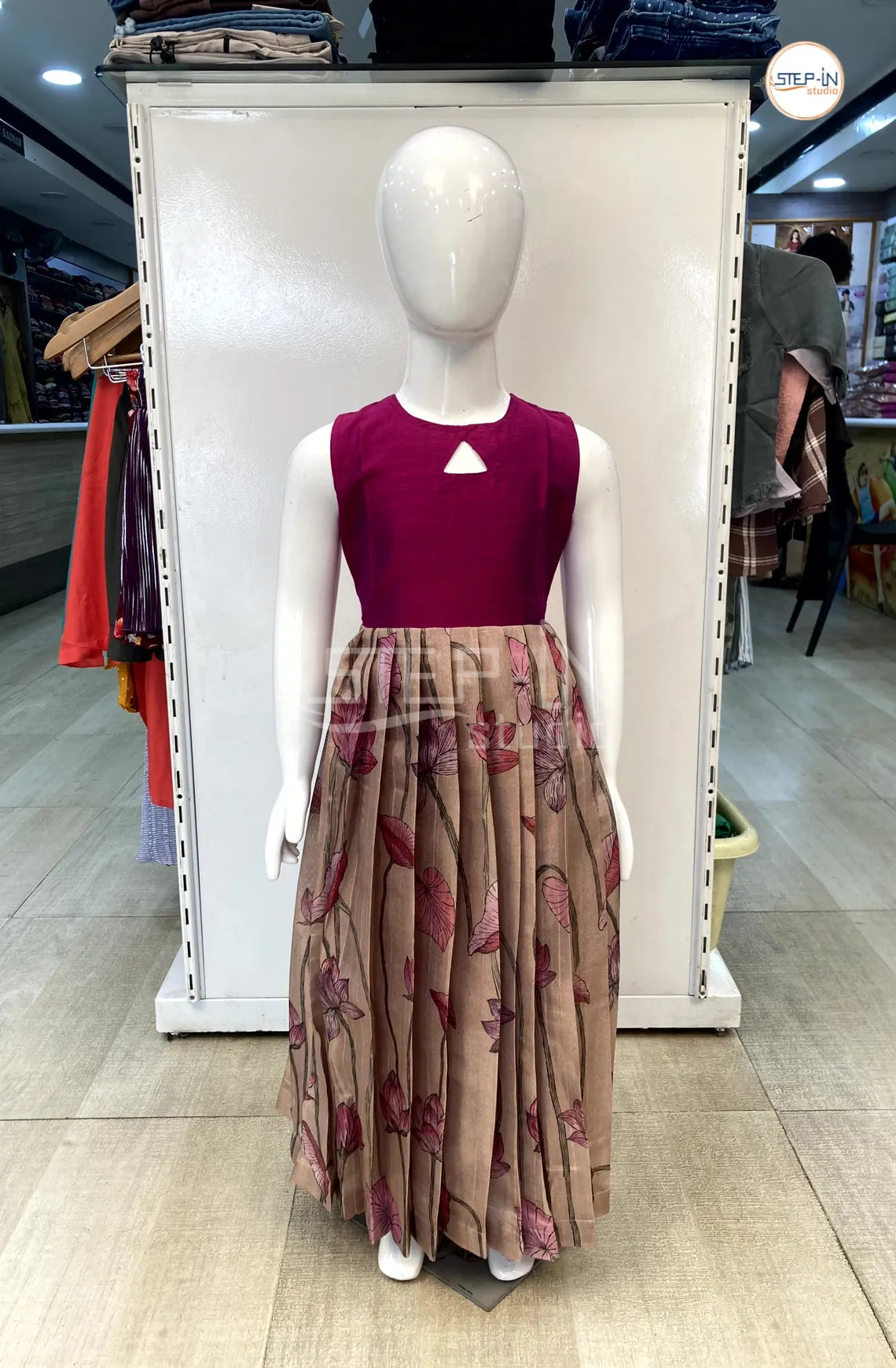 Raw Silk Triangular Key Hole Neck Yolk With Kotta Printed Tissue Bottom Girls Frock - Marron & Beige