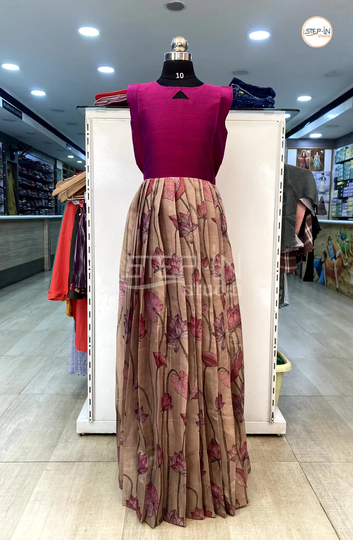 Raw Silk Triangular Key Hole Neck Yolk With Kotta Printed Tissue Bottom Girls Frock - Marron & Beige