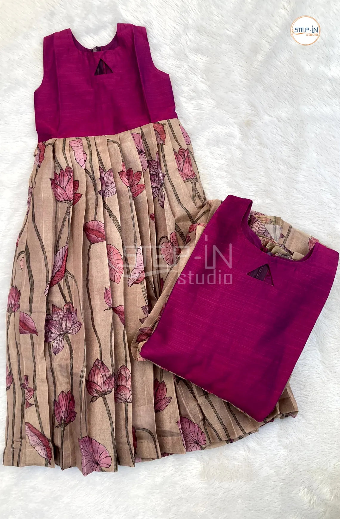 Raw Silk Triangular Key Hole Neck Yolk With Kotta Printed Tissue Bottom Girls Frock - Marron & Beige