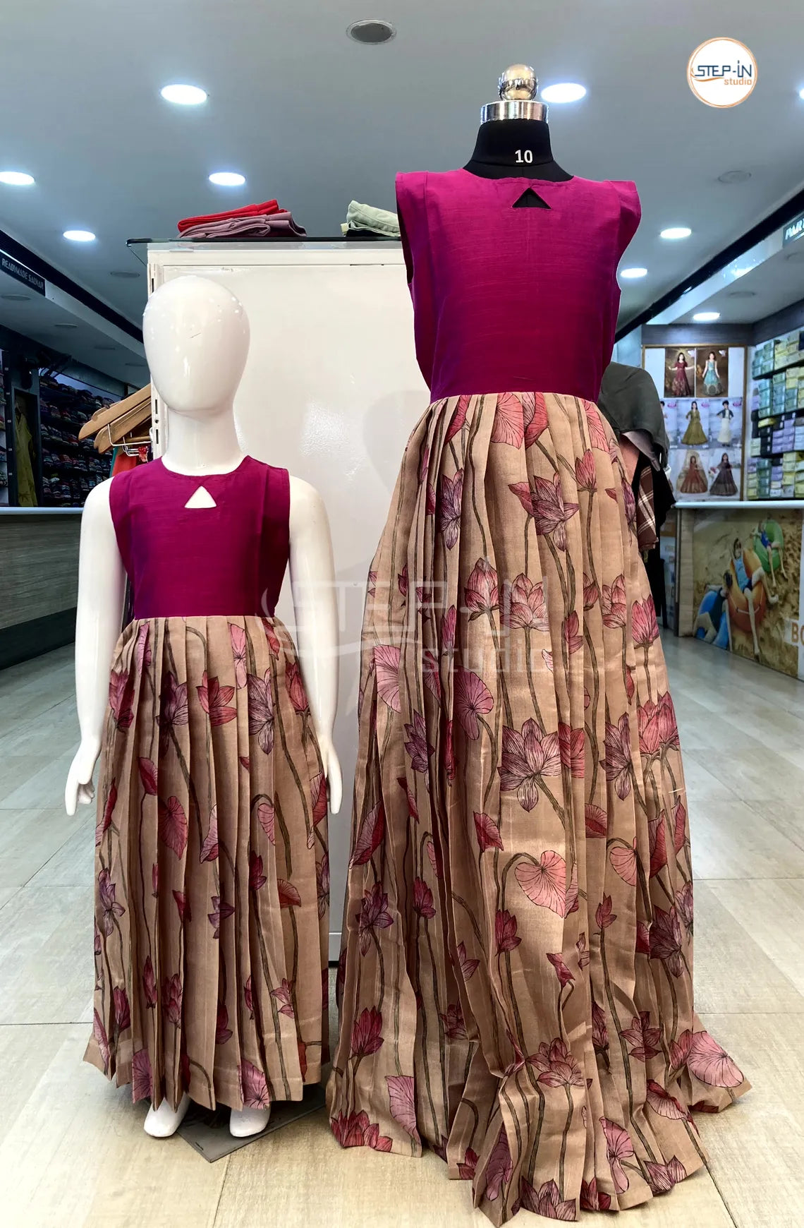 Raw Silk Triangular Key Hole Neck Yolk With Kotta Printed Tissue Bottom Girls Frock - Marron & Beige