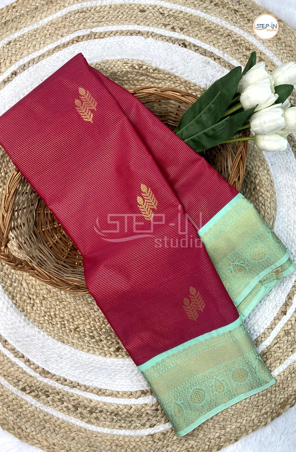 Red Semi Kanchi Silk Saree With Mint Green Contrast Zari Border