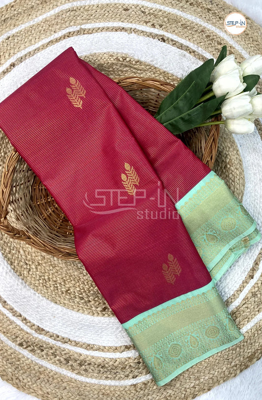 Red Semi Kanchi Silk Saree With Mint Green Contrast Zari Border