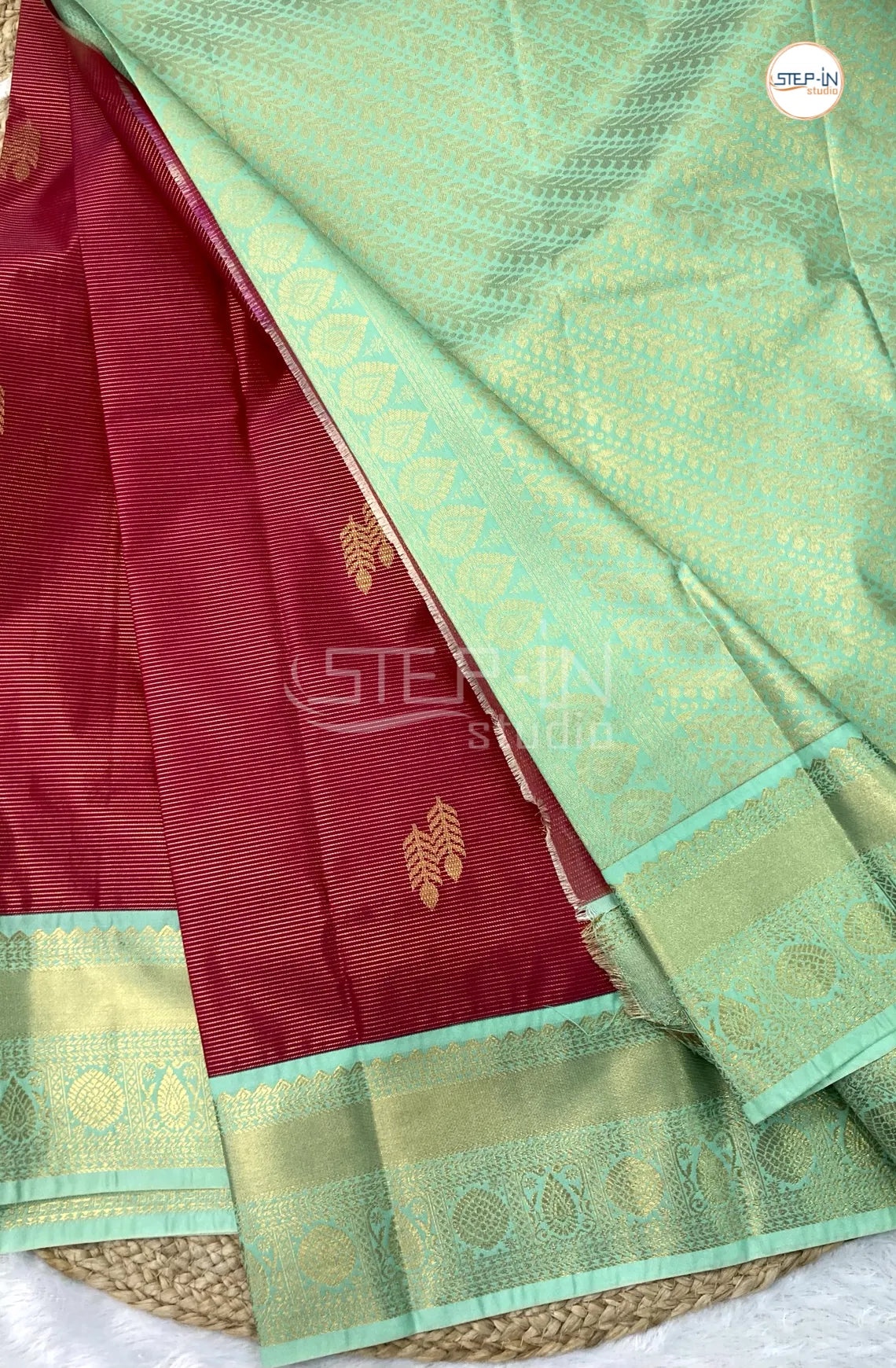 Red Semi Kanchi Silk Saree With Mint Green Contrast Zari Border
