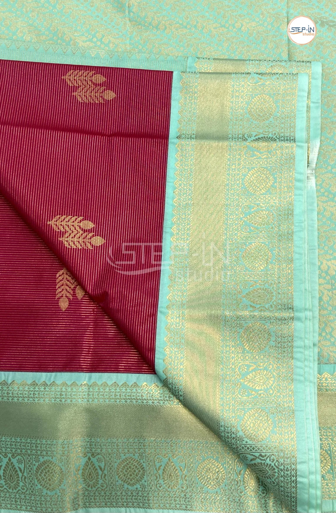Red Semi Kanchi Silk Saree With Mint Green Contrast Zari Border