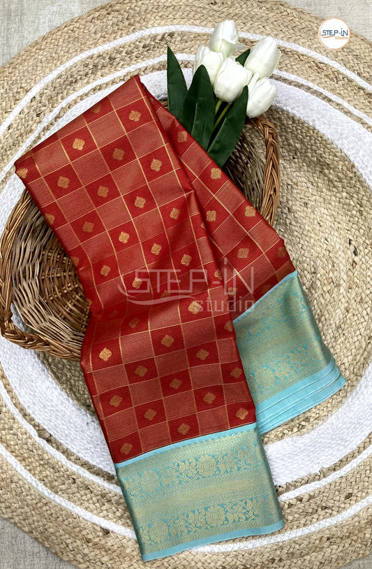 Red Semi Kanchi Silk Saree With Teal Contrast Zari Border