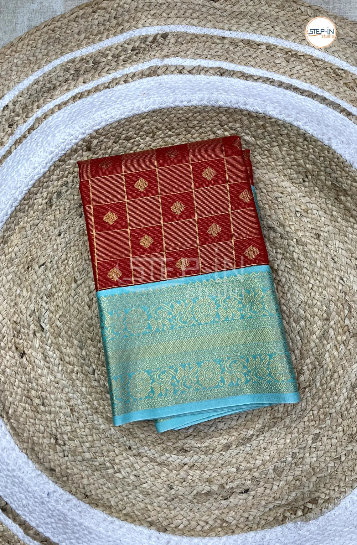 Red Semi Kanchi Silk Saree With Teal Contrast Zari Border