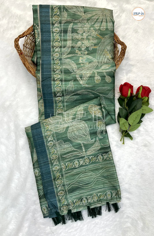Sage Green Floral Hand Block Print Dupion Saree With Pallu & Border and Self Blouse
