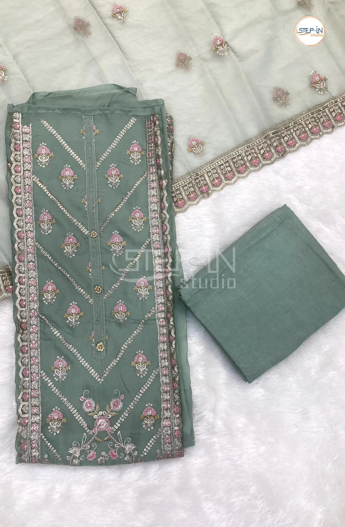 Sage Green Georgette Emboriderd Work Unstitched Dress Material