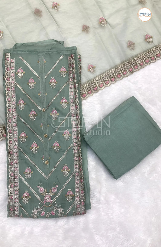 Sage Green Georgette Emboriderd Work Unstitched Dress Material