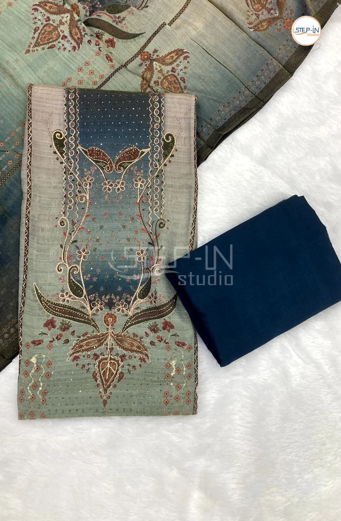 Sage Green Tussar Embroiderd Unstitched Dress Material