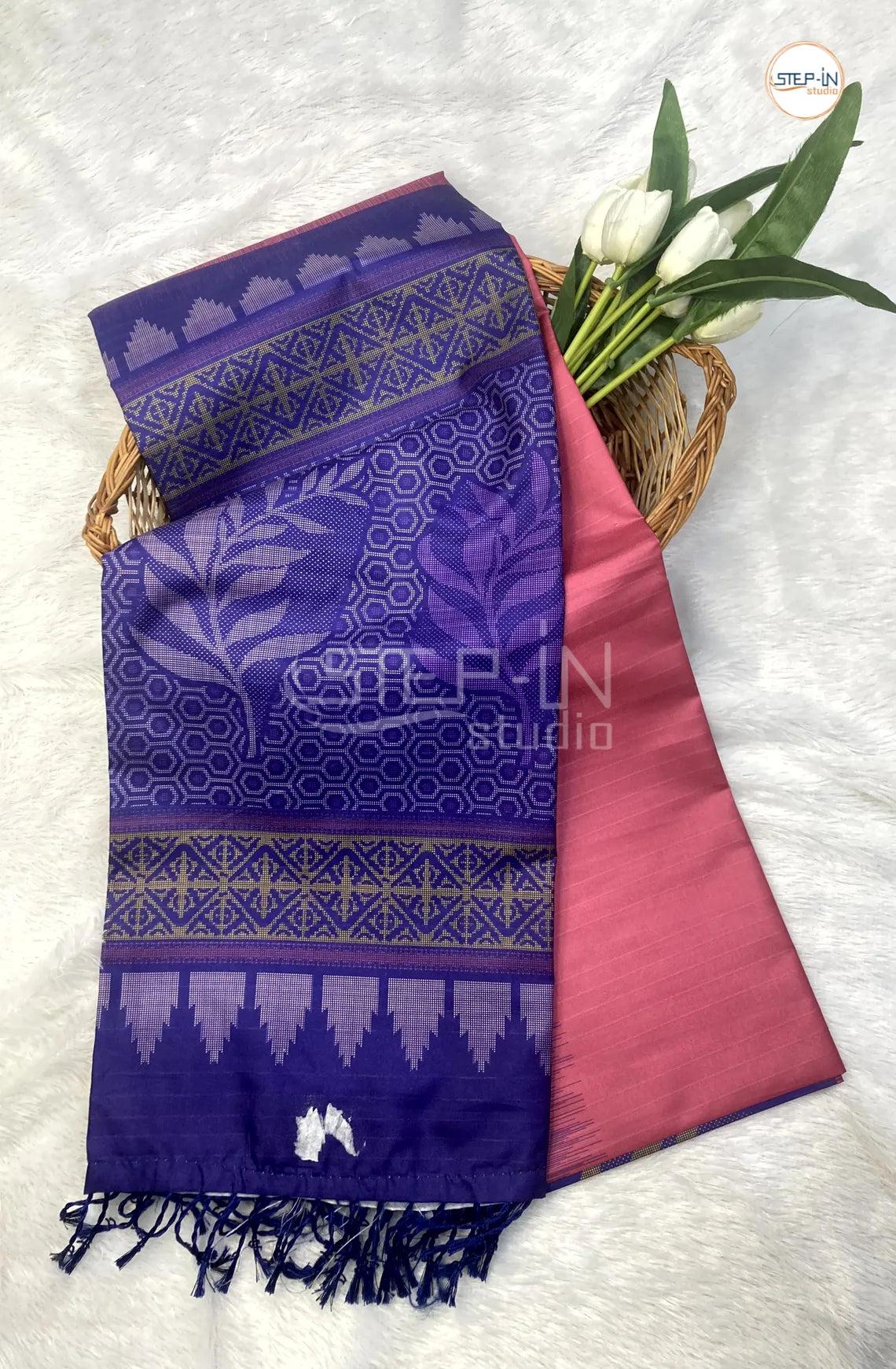 Semi Butter Silk Saree With Contrast Pallu & Border With Blouse - Pink & Blue