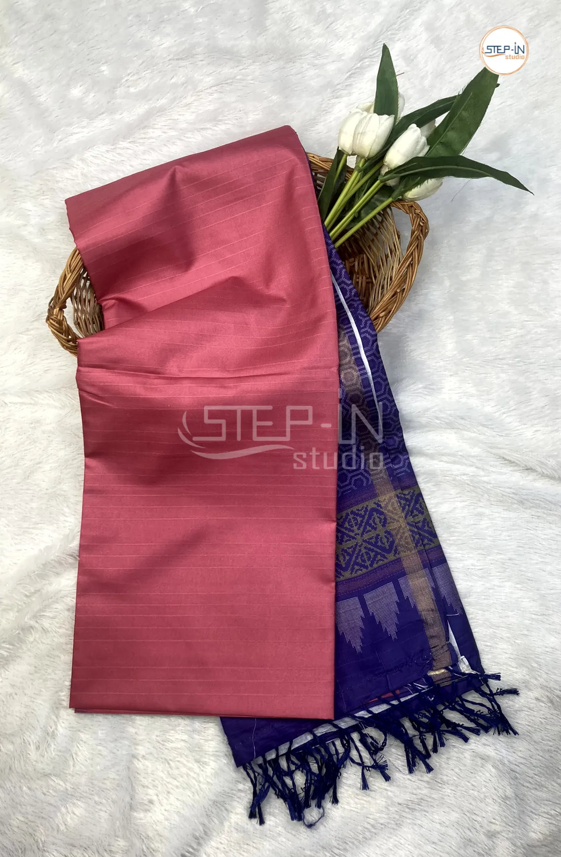 Semi Butter Silk Saree With Contrast Pallu & Border With Blouse - Pink & Blue