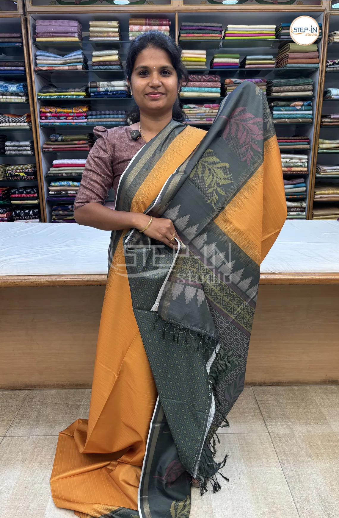 Semi Butter Silk Saree With Contrast Pallu & Border With Blouse -Yellow&Black