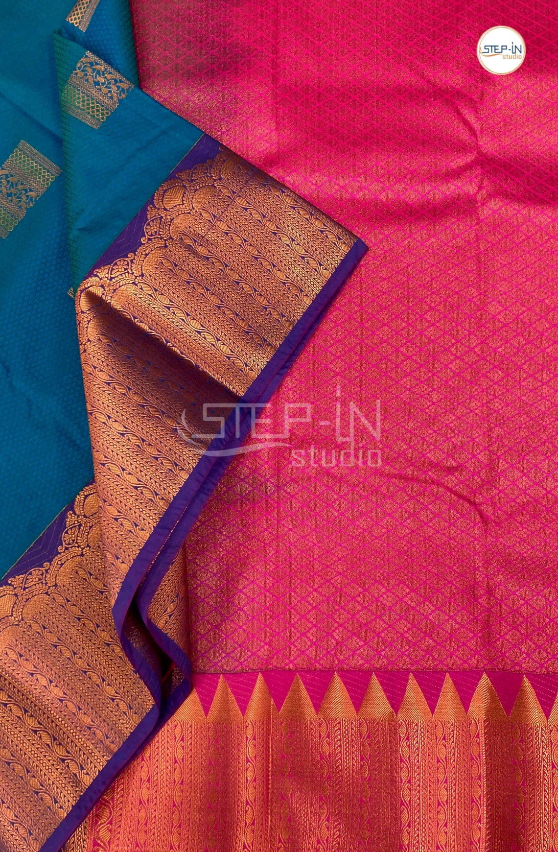 Semi Kanchi Silk Saree With Contrast Pallu and Zari Border - Blue & pink