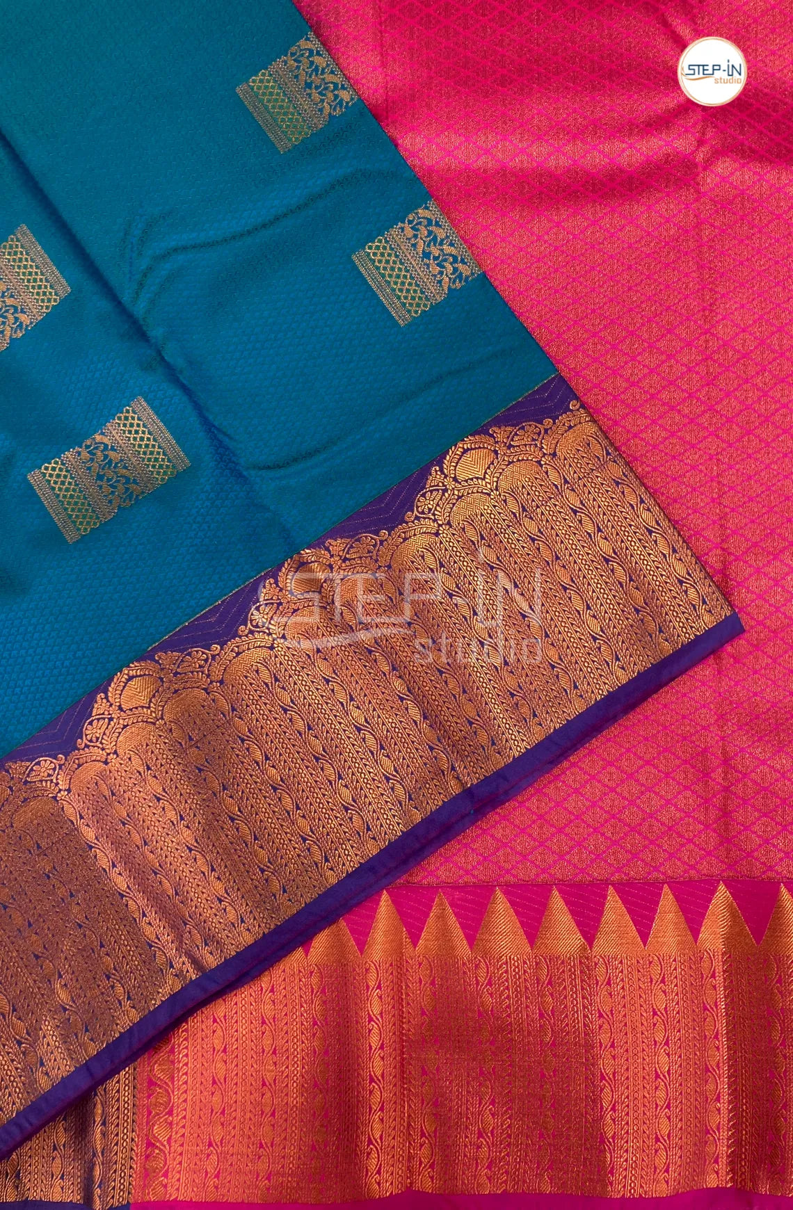 Semi Kanchi Silk Saree With Contrast Pallu and Zari Border - Blue & pink