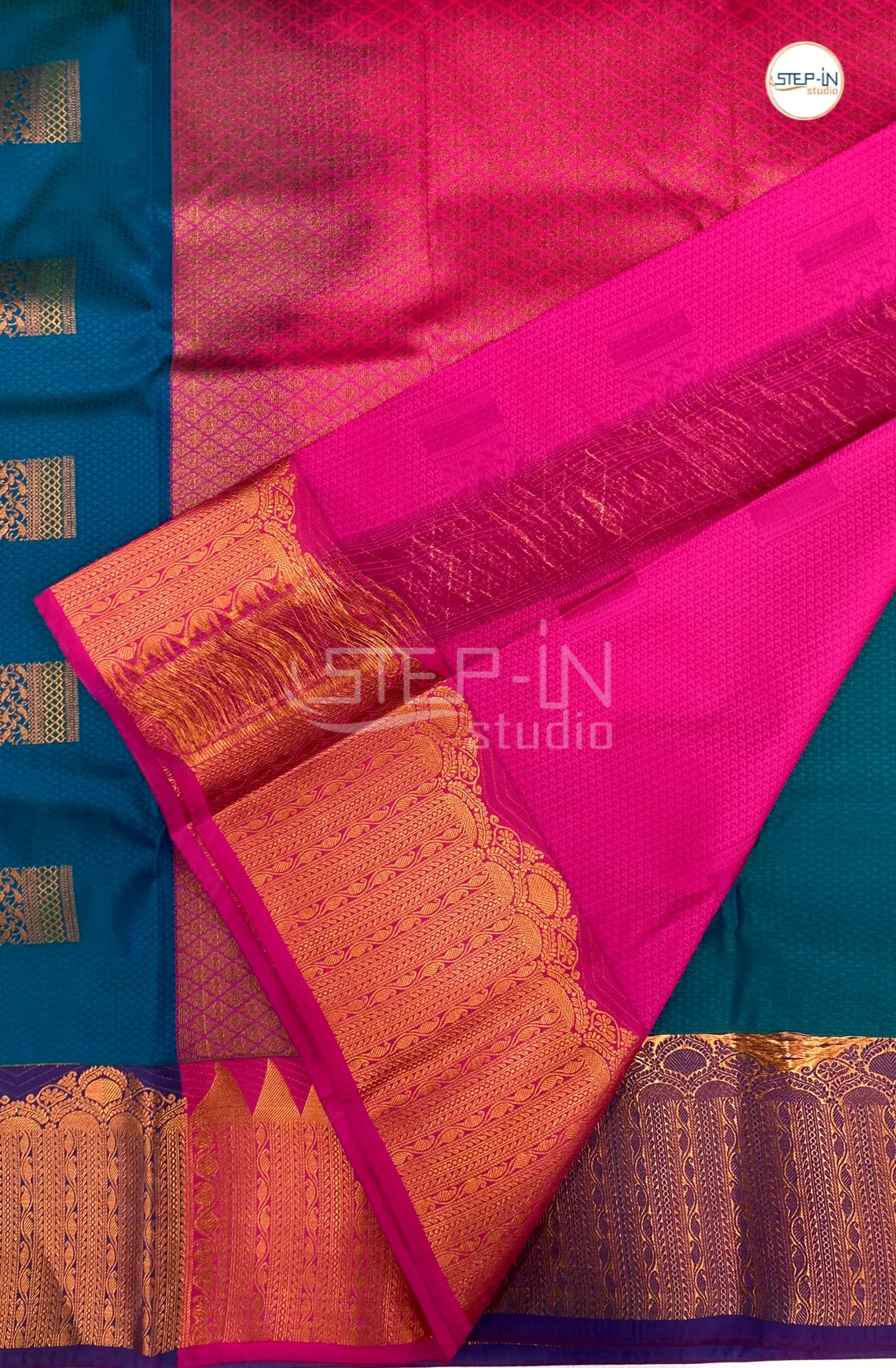 Semi Kanchi Silk Saree With Contrast Pallu and Zari Border - Blue & pink
