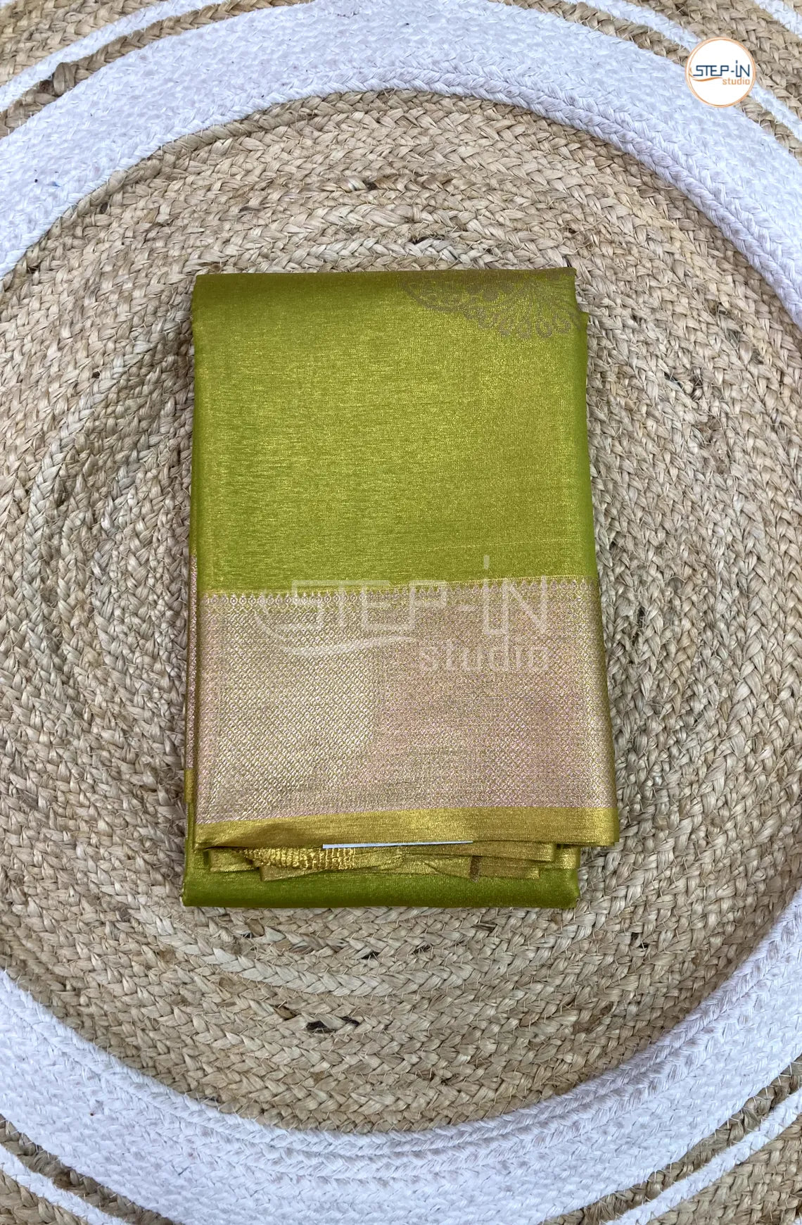 Semi Silk Saree With Self Blouse and Zari Border - Lime Green