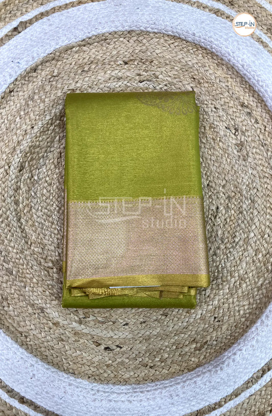 Semi Silk Saree With Self Blouse and Zari Border - Lime Green