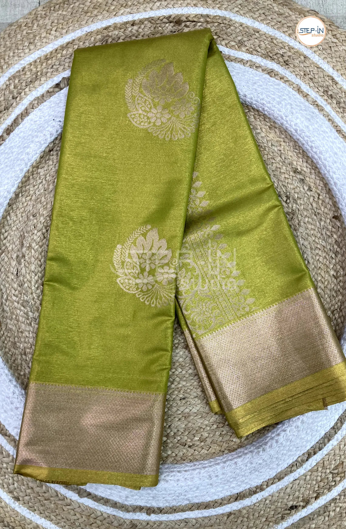 Semi Silk Saree With Self Blouse and Zari Border - Lime Green