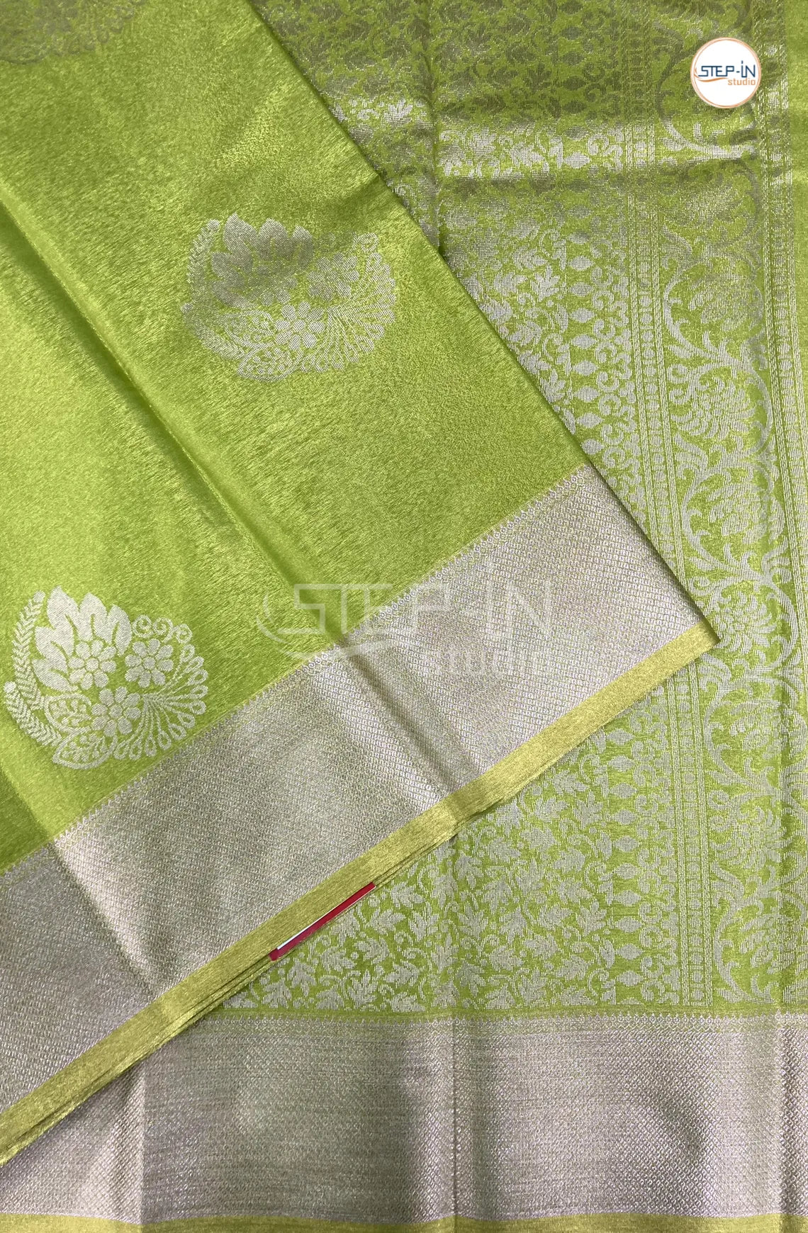Semi Silk Saree With Self Blouse and Zari Border - Lime Green