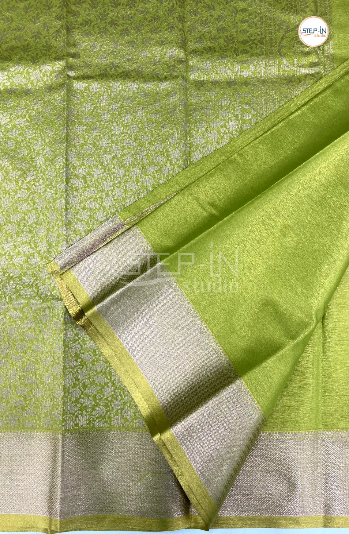 Semi Silk Saree With Self Blouse and Zari Border - Lime Green