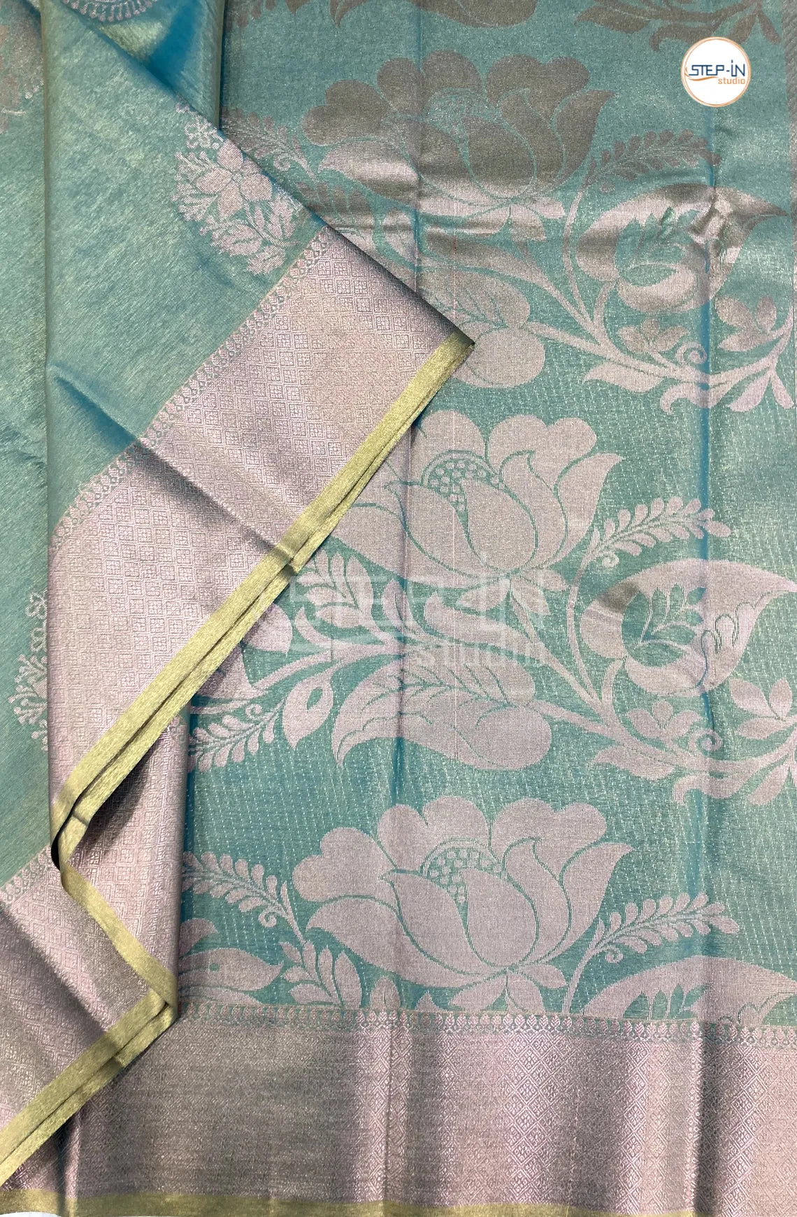 Semi Silk Saree With Self Blouse and Zari Border - Mint Blue
