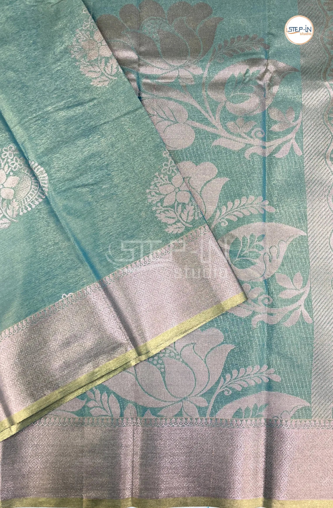 Semi Silk Saree With Self Blouse and Zari Border - Mint Blue