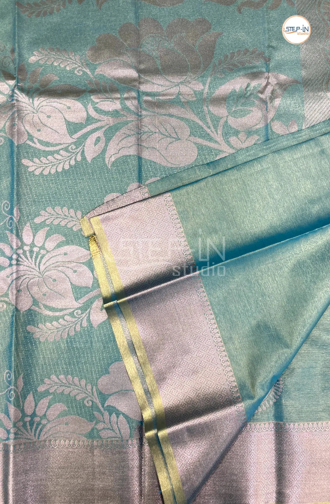 Semi Silk Saree With Self Blouse and Zari Border - Mint Blue