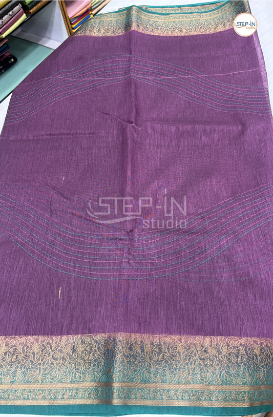 Semi Tussar Saree with Embroidery-Grape Purple & Green