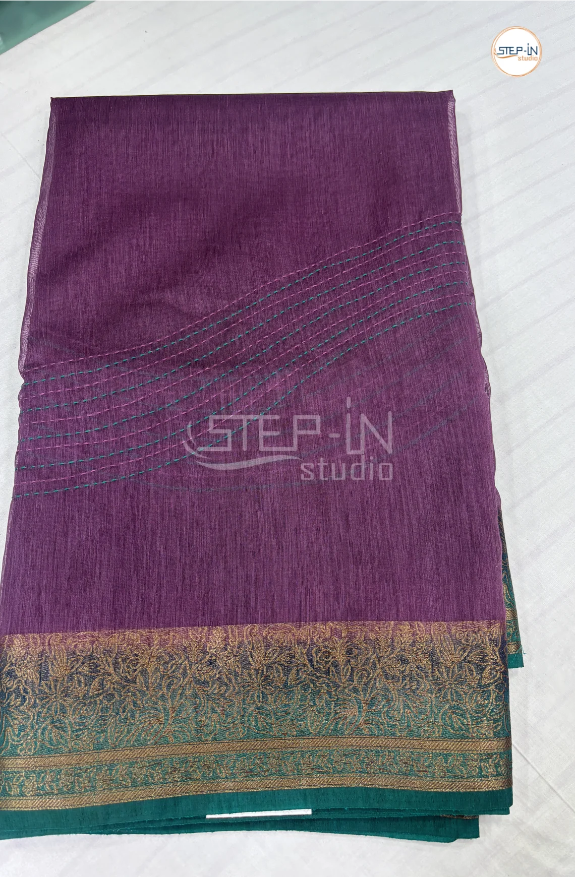 Semi Tussar Saree with Embroidery-Grape Purple & Green