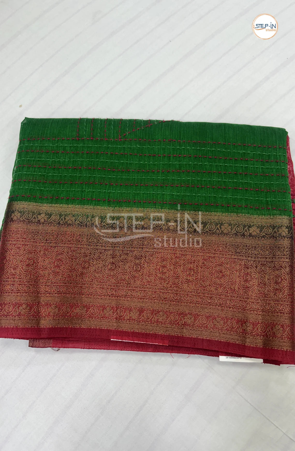 Semi Tussar Saree with Embroidery-Green & Red