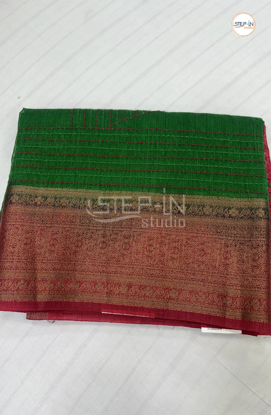 Semi Tussar Saree with Embroidery-Green & Red