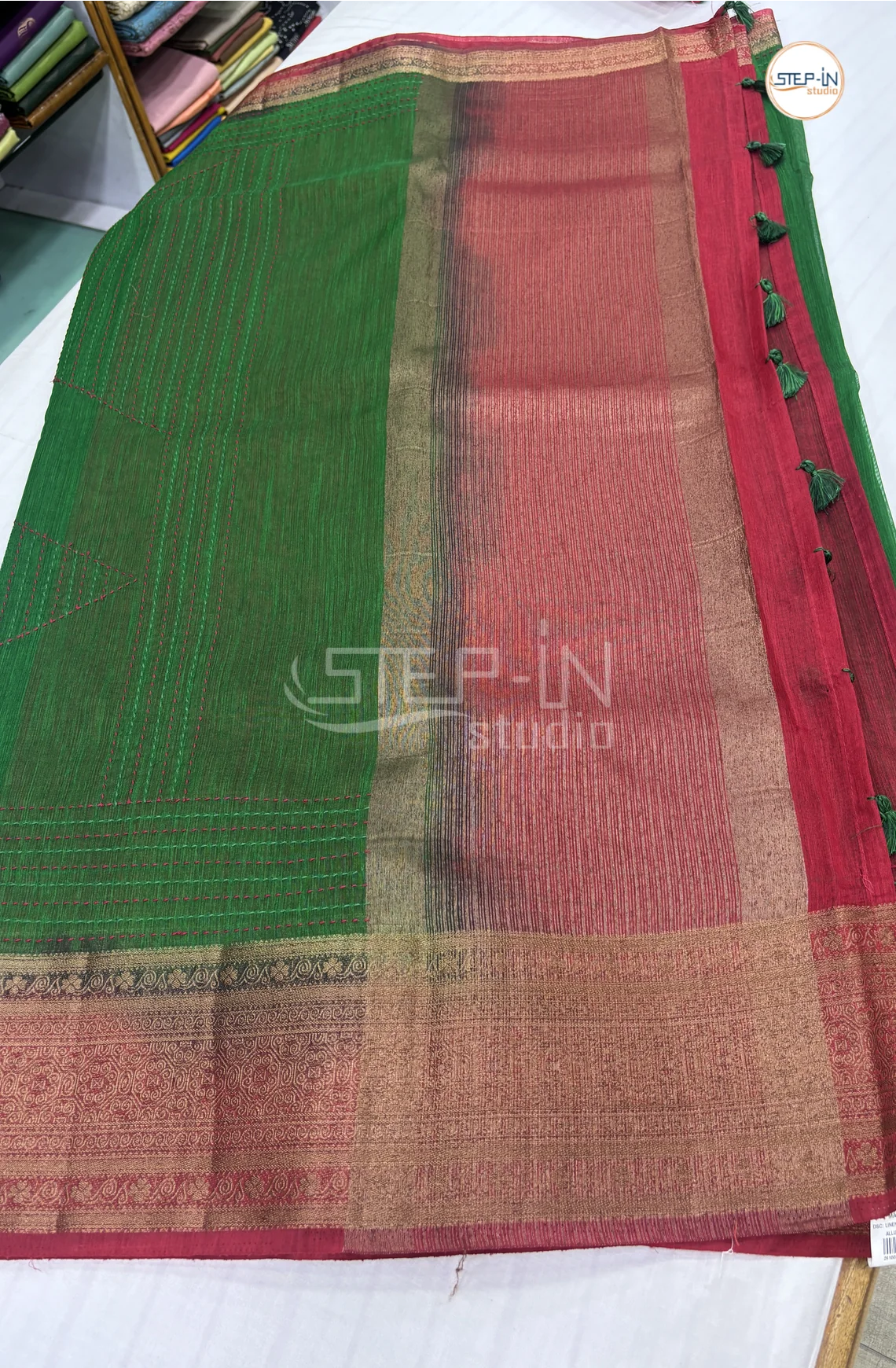Semi Tussar Saree with Embroidery-Green & Red