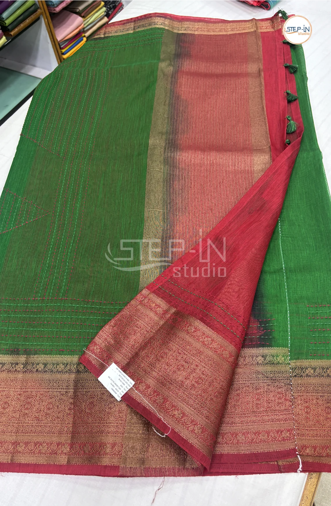 Semi Tussar Saree with Embroidery-Green & Red