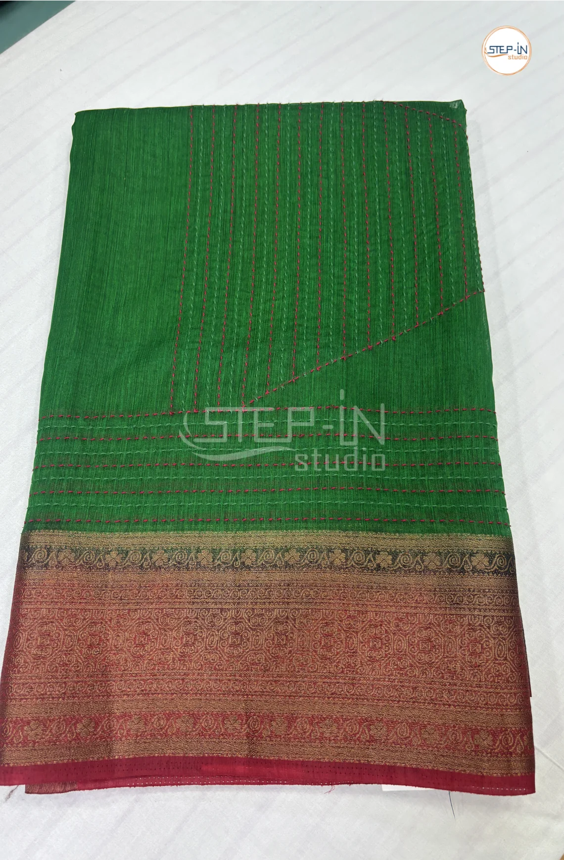 Semi Tussar Saree with Embroidery-Green & Red