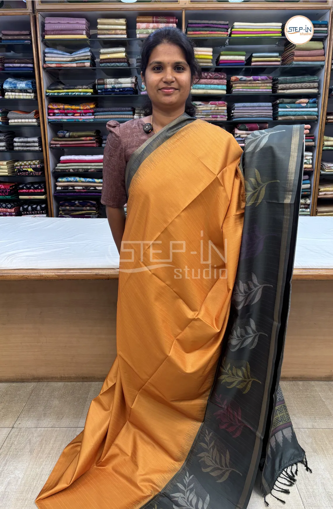 Semi Butter Silk Saree With Contrast Pallu & Border With Blouse -Yellow&Black