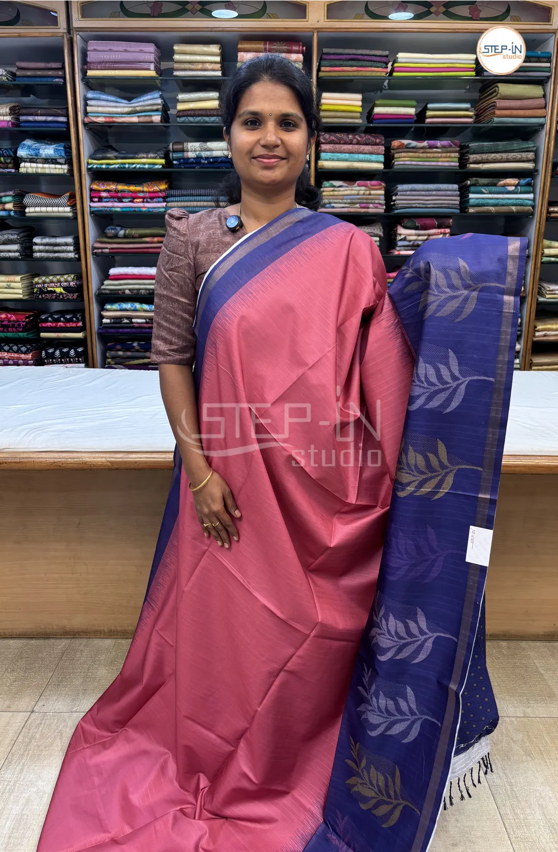 Semi Butter Silk Saree With Contrast Pallu & Border With Blouse - Pink & Blue