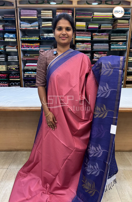 Semi Butter Silk Saree With Contrast Pallu & Border With Blouse - Pink & Blue