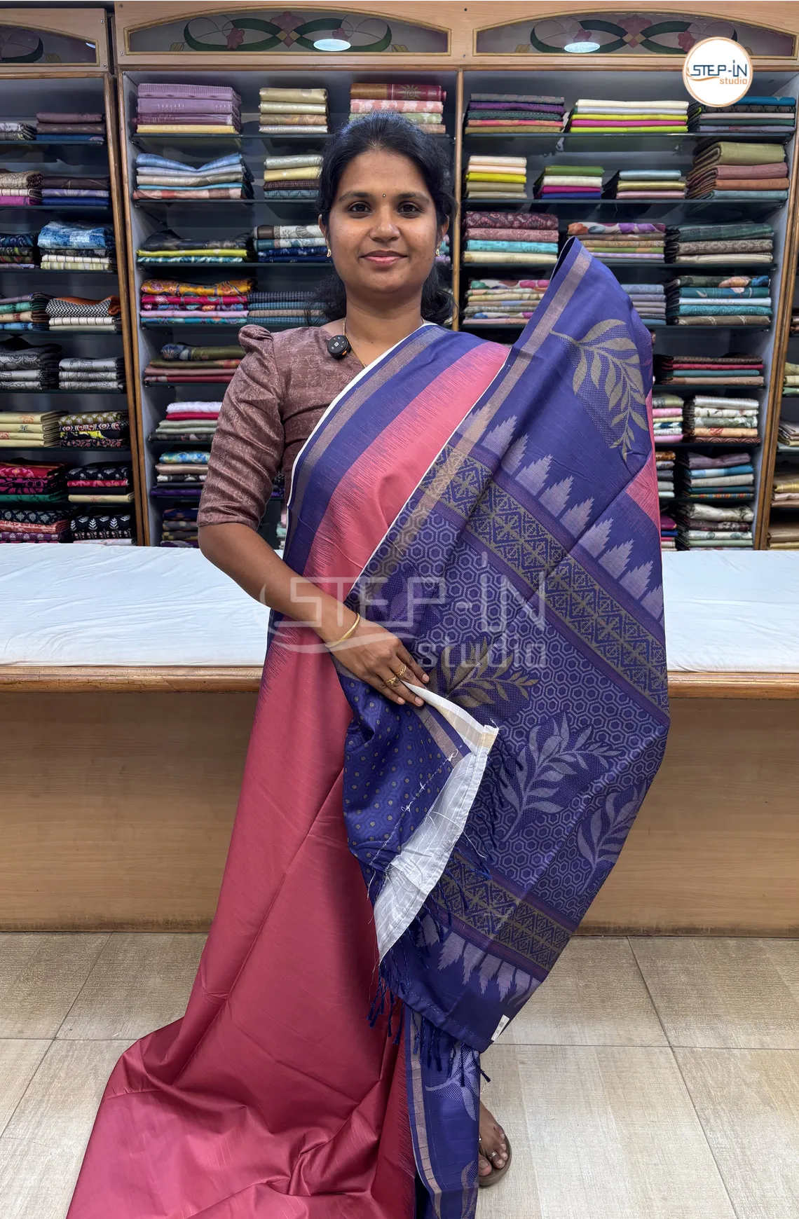 Semi Butter Silk Saree With Contrast Pallu & Border With Blouse - Pink & Blue