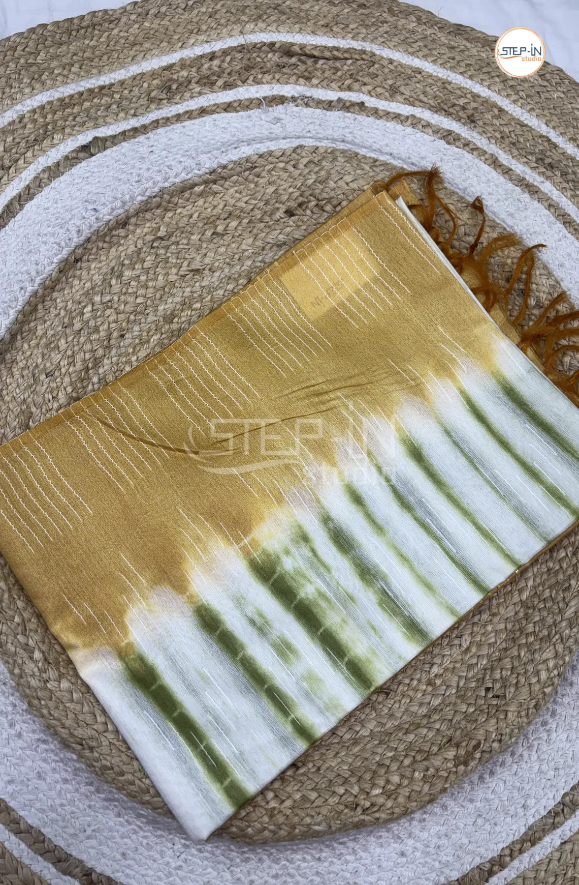 Shibori Printed Tusser Saree -Yellow